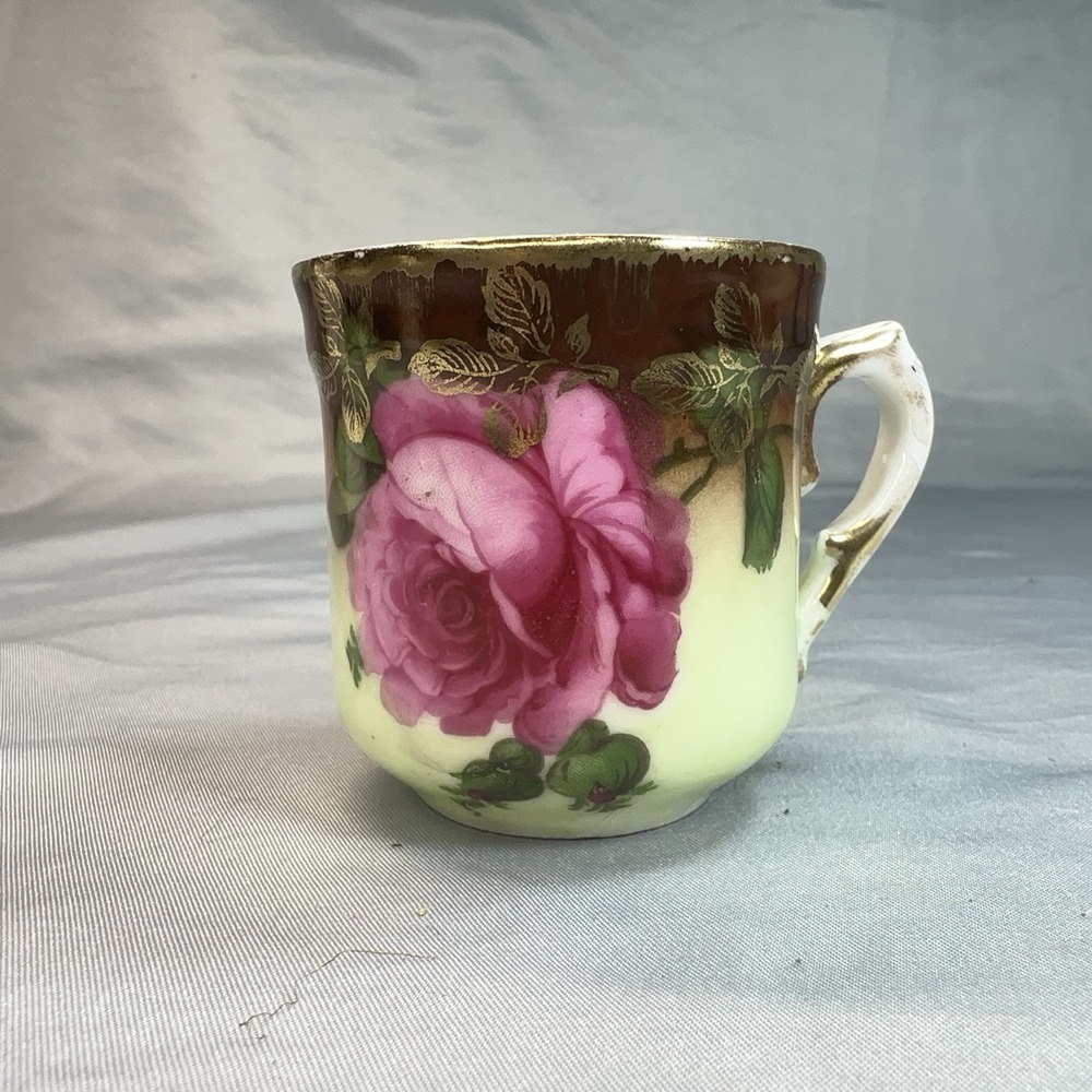 Antique Victorian Demitasse Cup Pink Rose Gold‎ Gilt Shaded Yellow Porcelain